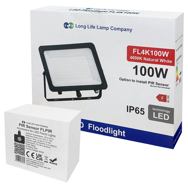 100w LED Floodlight Black 4000K with Detachable PIR Sensor IP65 FL4K100W - PanelHut Free Delivery on all orders