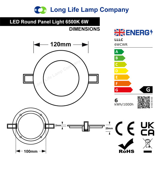 6w Recessed Ceiling LED Round Panel 6500K Cool White 120mm