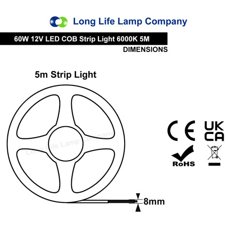 Cool White LED Tape Strip Light Continuous COB Illumination 5 Metres 12v