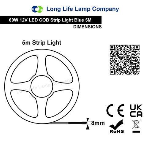 12W LED Tape Strip Light IP65 Continuous COB Illumination 5m 12V Blue