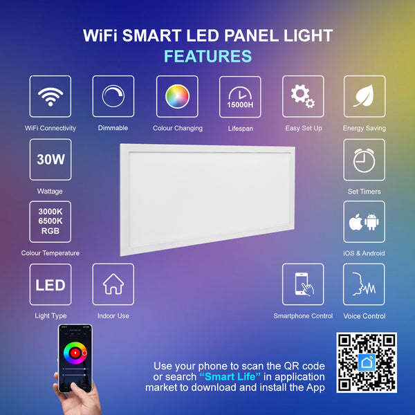 30w Smart RGB WiFi LED Ceiling Panel Light 300 x 600 Colour Changing + CW/WW WFP3X6