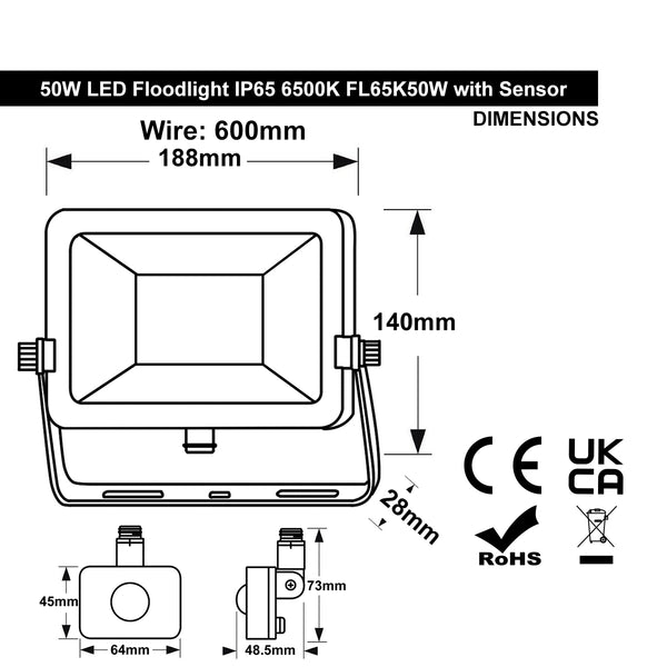 50w LED Floodlight Black 6500K with Detachable PIR Sensor IP65 FL65K50W