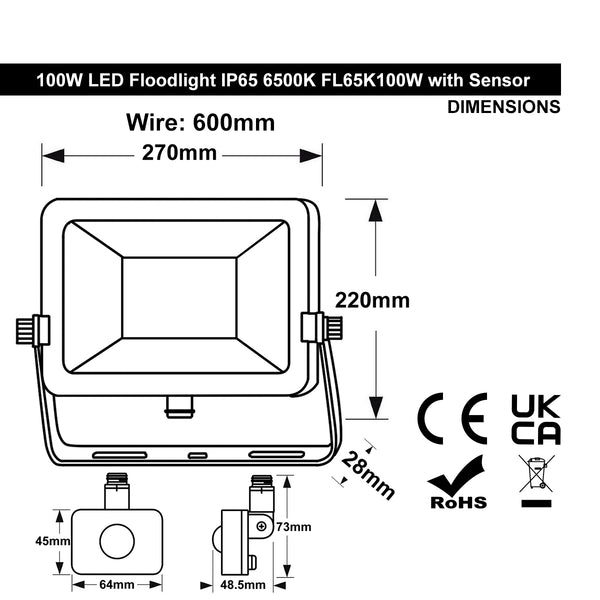 100w LED Floodlight Black 6500K with Detachable PIR Sensor IP65 FL65K100W