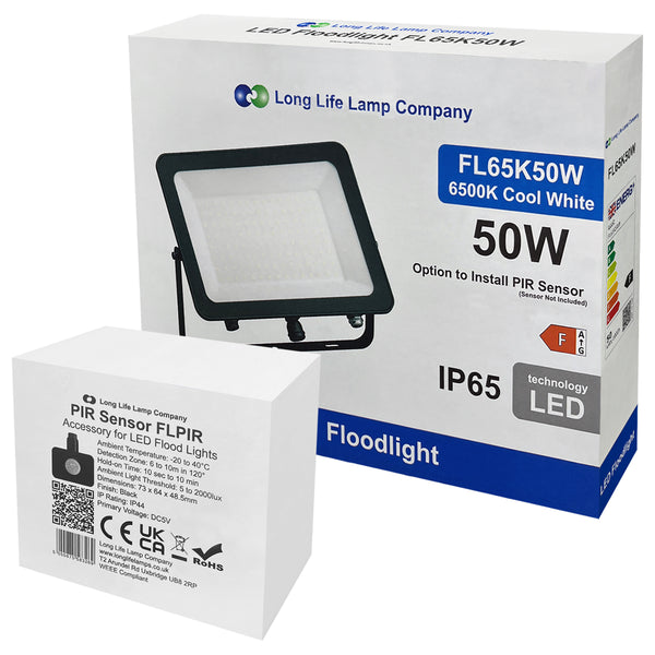 50w LED Floodlight Black 6500K with Detachable PIR Sensor IP65 FL65K50W