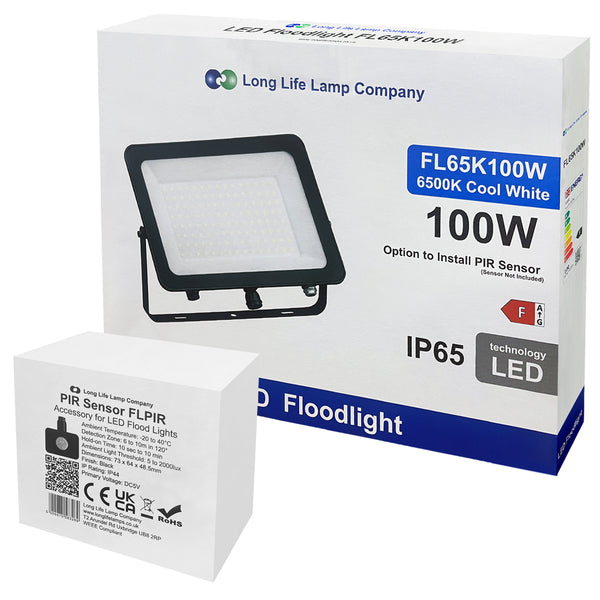 100w LED Floodlight Black 6500K with Detachable PIR Sensor IP65 FL65K100W
