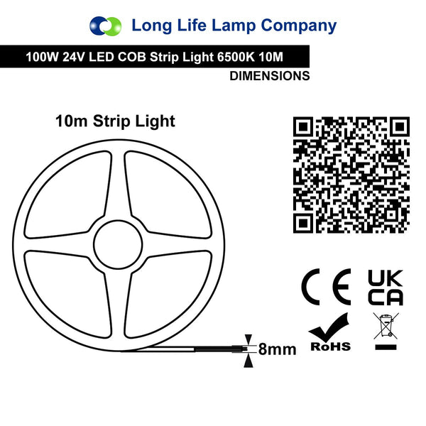 Cool White LED Tape Strip Light 10 Metres 24V Continuous COB Illumination IP20 - PanelHut Free Delivery on all orders