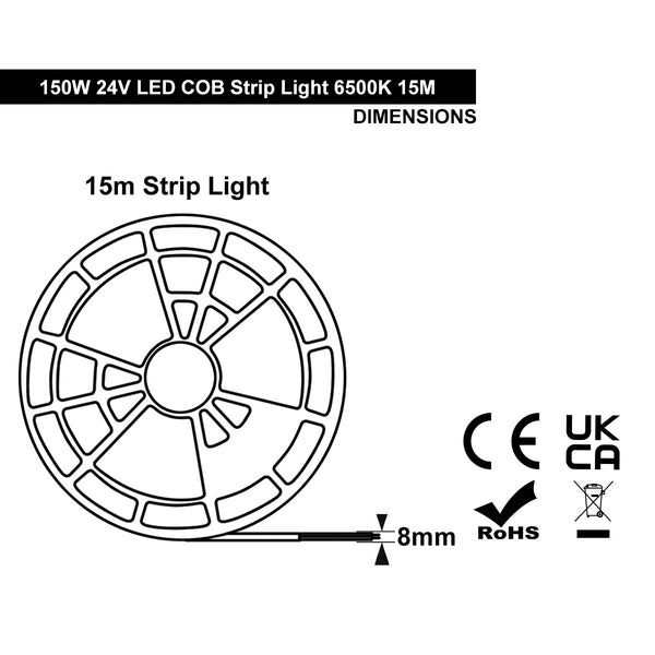 Cool White LED Tape Strip Light 15 Metres 24V Continuous COB Illumination IP20 150W - PanelHut Free Delivery on all orders
