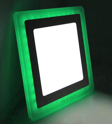 Green and white LED ceiling panel with recessed installation