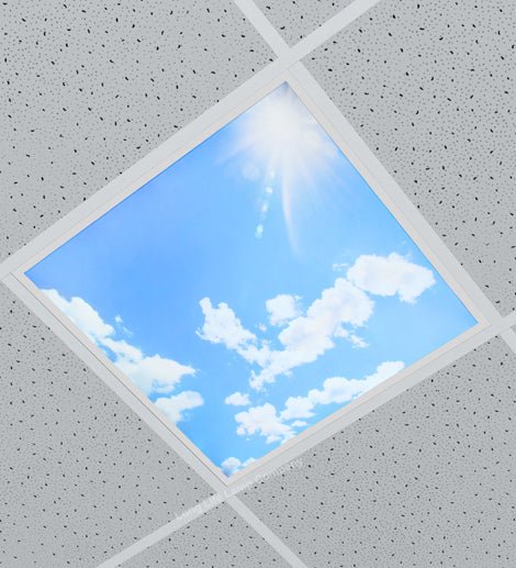 40w Blue Sky LED Ceiling Panel Light 600 x 600 Cloud Sun Scene - PanelHut Free Delivery on all orders