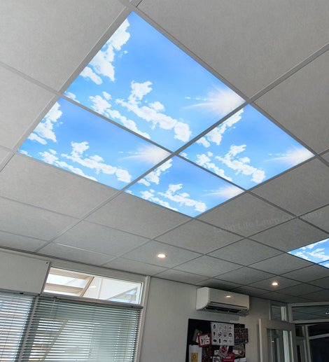 40w Blue Sky LED Ceiling Panel Light 600 x 600 Cloud Sun Scene - PanelHut Free Delivery on all orders
