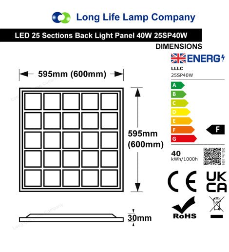 40w LED Panel 600 x 600 Recessed Ceiling Light 6500K 25 Sections Back Lit - PanelHut Free Delivery on all orders