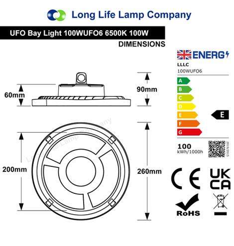 100w LED Bay Light 6500k 260 x 260 IP65 Energy Rating E