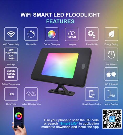 55W Smart WiFi Flood Light RGB CCT IP65 Colour Switching FL05 - PanelHut Free Delivery on all orders