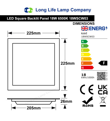 18w LED Panel Light Square Recessed Back Lit 6500k 18WSCW03