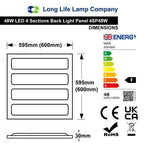 48w LED Panel 600 x 600 Ceiling Light 6500k Recessed 4 Sections Back Light