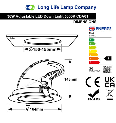 LED Downlight Adjustable Recessed Commercial Lighting 30w High Brightness CDA01-A