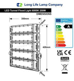 250w LED Tunnel Flood Light IP65 6000k Energy Rating A