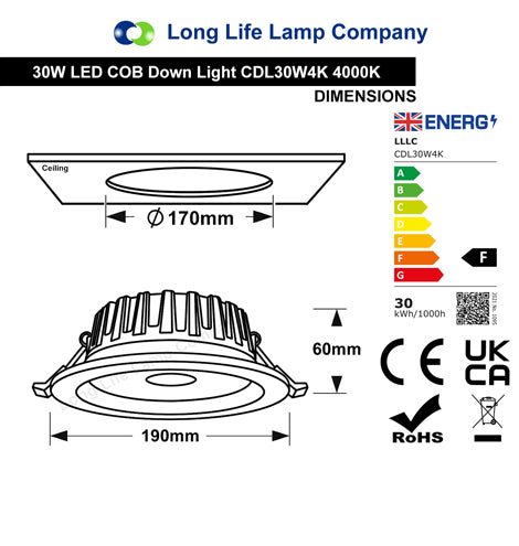 30w Round Recessed LED Down Light Cool White 4000k PL Metal Halide Replacement CDL30W4K