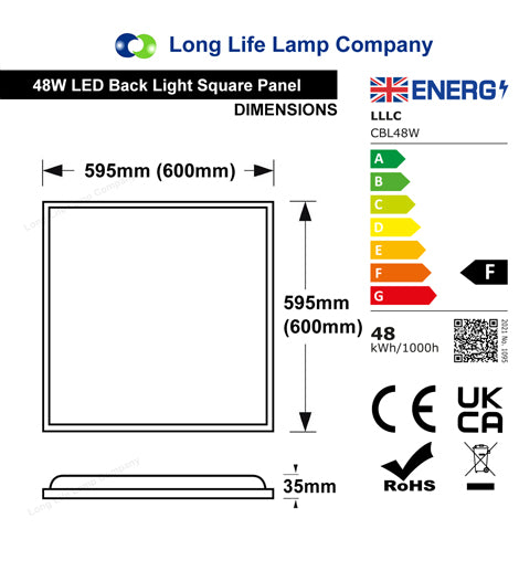 48W LED Panel 600 x 600 Recessed Ceiling Light 6500k 5000 Lumen Back Lit CBL48W