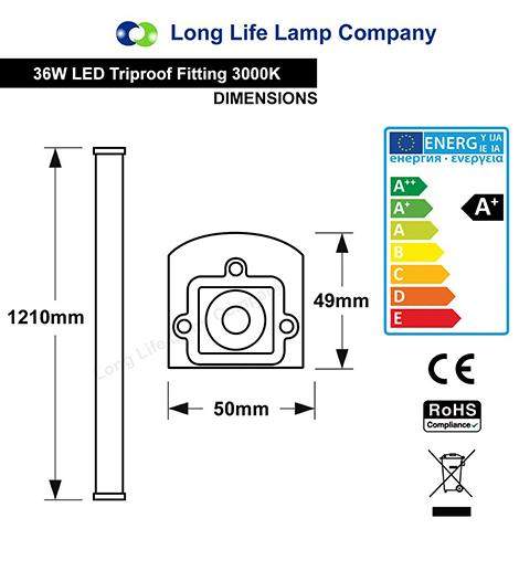 36w 4 feet LED Ceiling Batten Light Triproof Fitting IP66 Warm White 3000K